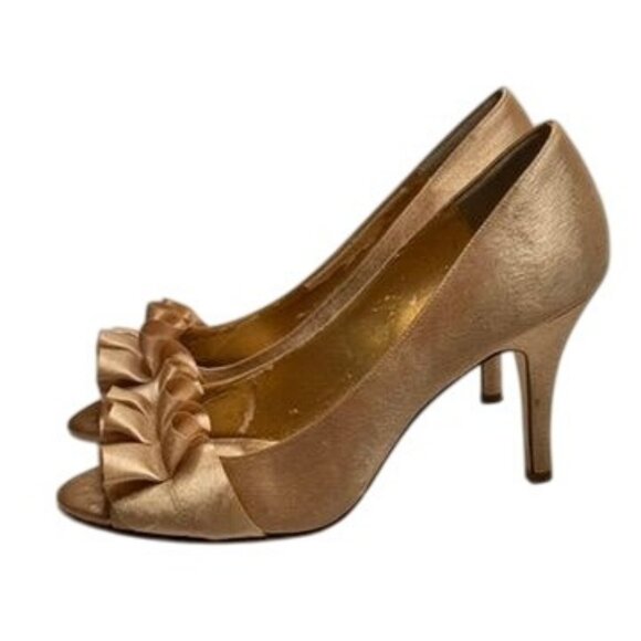 Nina Beige Satin Peep-Toe Heels Formal Ruffle Glam Party Womens 9 Cocktail Dress - Picture 12 of 15